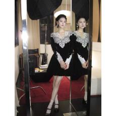 批发从一时刻撒旦之花蕾丝花边V领长袖丝绒连衣裙收腰A摆长短裙