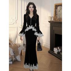 批发法式复古高级感冬季新款洋气刺绣蕾丝拼接设计感<b class='q'>丝绒</b>女神范<b class='q'>套装</b>裙