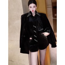 批发法式名媛优雅女人味精致重工设计闪钻领带<b class='q'>丝绒</b>衬衫上衣+裤子<b class='q'>套装</b>