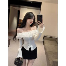 批发荷叶边一字肩收腰紧身<b class='q'>上衣</b>女春季辣妹单穿性感露肩针织T恤衫内搭