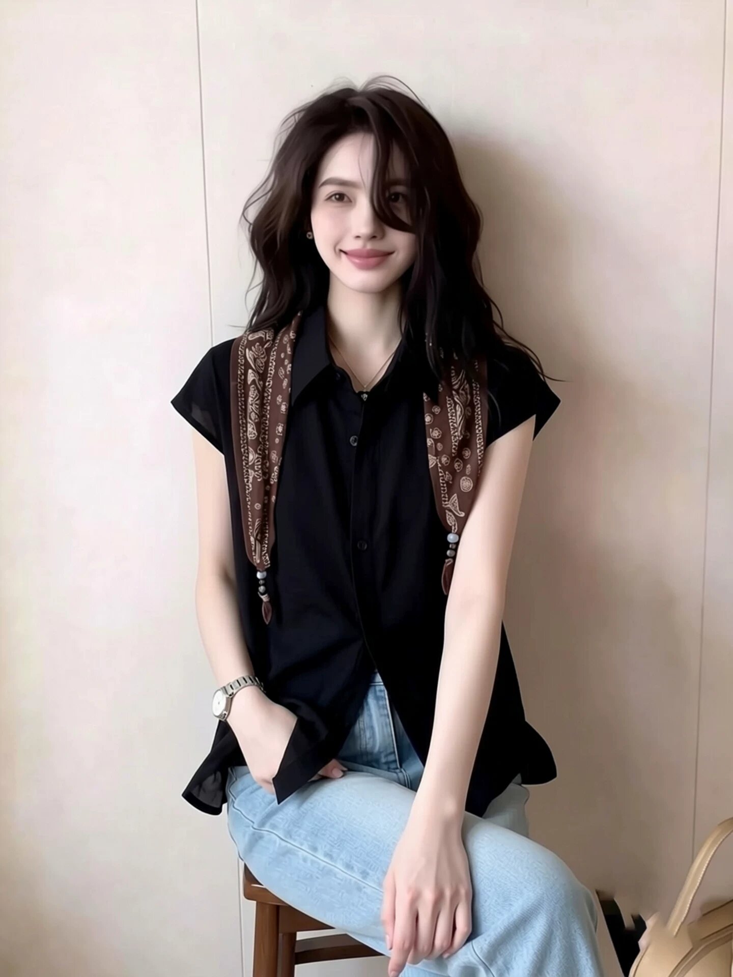 유럽 상품 오래된 돈 바람 검정색 민소매 여성 셔츠 여름 느슨함 센스 품격 슬림해 보이는 출퇴근 고급 센스 고유 한 맨위
