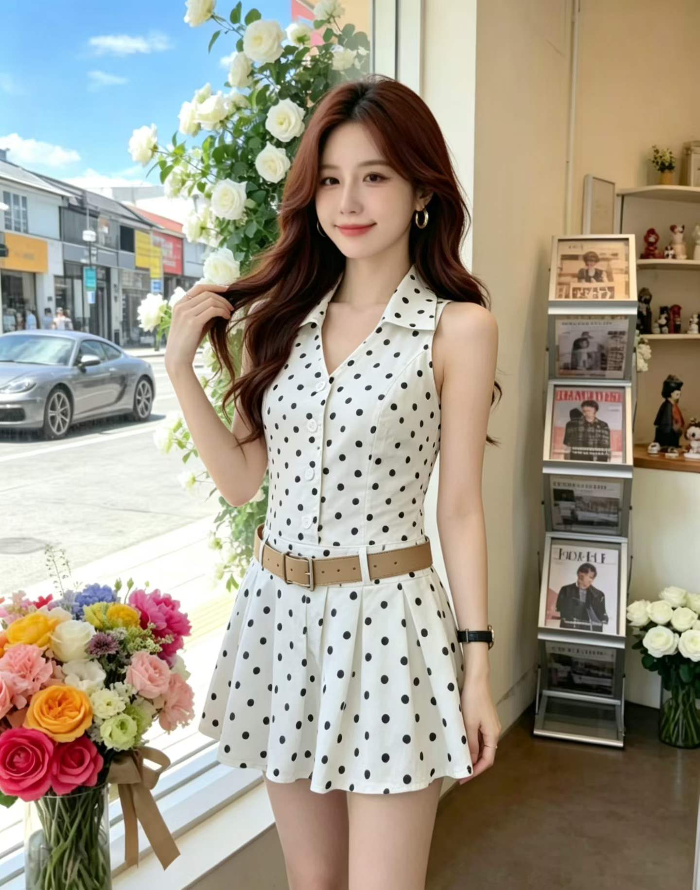 레트로 V넥 행침 목 플리츠 스커트 순수한 욕망 핫걸 섹시함 백리스 슈퍼 잘 생긴 ~ 중 짧은 치마 드레스