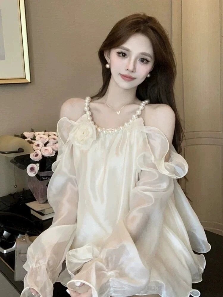 진주 행침 목 오프숄더 요정 아름다운 슈퍼 잘 생긴 2026 프랑스식 레트로 디자인 센스 쉬폰 블라우스 루즈핏 셔츠 트렌디