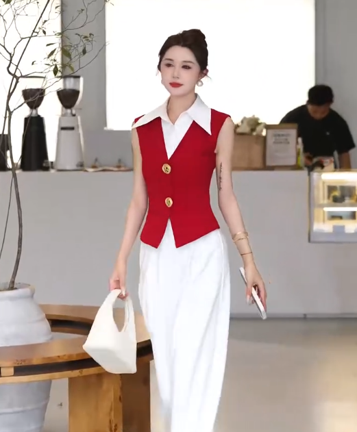 출퇴근 착용 가져 가라. 빨간색 민소매 조끼 여자 여름 새로운 슬림해 보이는 디자인 센스 배색 패치워크 직장 품격 맨위