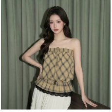 批发复古格纹抹胸蕾丝花边抽绳系带上衣女装夏季<b class='q'>通勤</b>显瘦气质百搭衬衫