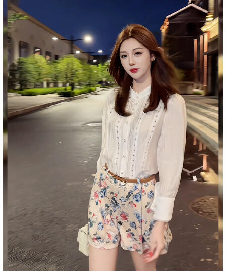 26 년 여름 여름 무거운 작업 레이스 홀로우 아웃 단추 긴팔 셔츠 넓은 다리 프린트 캐주얼 반바지 투피스 세트