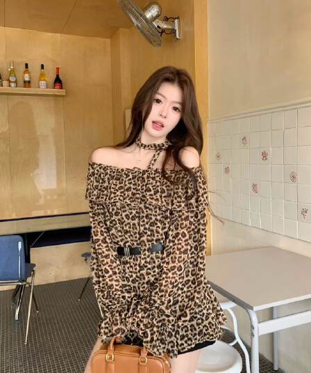 레오파드 무늬 프릴 리본 오프숄더 긴팔 여성 셔츠 봄 디자인 센스 루즈핏 셔츠 품격 슬림해 보이는 맨위