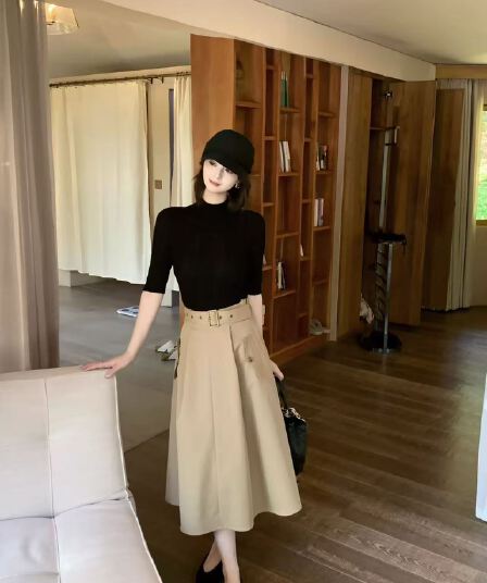 한 부서 로얄 자매 바람 검정색 반하이넥 중간 소매 티셔츠 여성 가을 새로운 하이웨이스트 싱글 줄 버튼 한 마디 반신 치마 세트