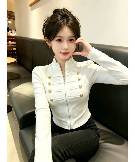 자이언트 잘 생긴 스탠드 칼라 화이트 긴팔 티셔츠 여성 가을 슈퍼 화재 작은 대중 아니요 명중 섹션 몸매 가꾸기 기본 셔츠 지퍼 맨위