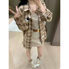批发早秋美式皮标格纹长袖衬衫外套+吊带<b class='q'>背心</b><b class='q'>上衣</b>+半身裙三件套