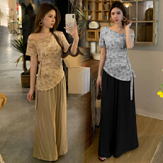 批发<b class='q'>实拍</b>～微胖m<b class='q'>大码</b><b class='q'>女装</b>斜肩上衣女夏季2026新款收腰短袖T恤显瘦穿搭