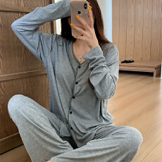 批发固定胸垫#宽松慵懒风#双裤袋#<b class='q'>莫代尔</b><b class='q'>睡衣</b>女休闲V领长袖家居服套装