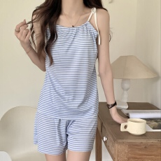 批发固定胸垫夏季新款螺纹冰丝条纹<b class='q'>女</b>款吊系带<b class='q'>套装</b><b class='q'>女</b>生家居服睡衣