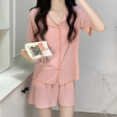 批发夏季睡衣女新款冰丝螺纹甜美学生少女卷边简约纯色短袖套装家居服