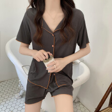 批发夏季睡衣女新款冰丝螺纹甜美学生少女卷边简约纯色短袖套装家居<b class='q'>服</b>