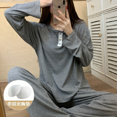 批发长袖<b class='q'>睡衣</b>女秋季<b class='q'>莫代尔</b>带胸垫套头领慵懒风简约阔腿裤休闲家居服女