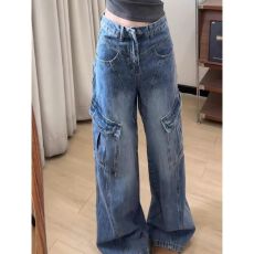 批发<b class='q'>韩国</b>单 做旧水洗蓝色斜线分割<b class='q'>牛仔裤</b>女国潮春秋新款复古工装长裤