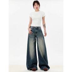 批发<b class='q'>韩国</b>单 2026 春季美式复古高个子阔腿<b class='q'>牛仔裤</b>女垂感直筒拖地长裤