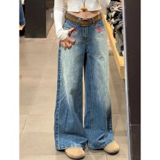 日系 做旧垂感直筒拖地裤女 2026春秋美式复古口袋刺绣微喇牛仔裤