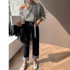 批发<b class='q'>韩国</b>单 2026春秋高腰显瘦深蓝<b class='q'>牛仔裤</b>女小个子弹力九分翻边阔腿裤