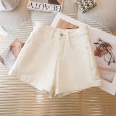 批发<b class='q'>韩国</b>单2026新款杏色设计感小众牛仔短裤女弹力修身高腰显瘦阔腿裤