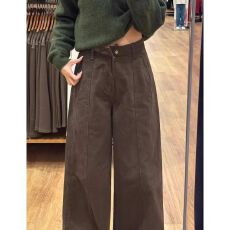 批发<b class='q'>韩国</b>单 复古高腰咖色弯刀<b class='q'>牛仔裤</b>女春秋美拉德设计感显瘦阔腿长裤