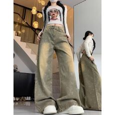 批发<b class='q'>韩国</b>单2026秋季新款美式复古水洗做旧十字花<b class='q'>牛仔裤</b>女高腰阔腿长裤