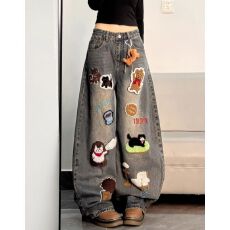 批发<b class='q'>韩国</b>单复古刺绣阔腿拖地<b class='q'>牛仔裤</b>女2026秋季美式设计感弯刀显瘦长裤