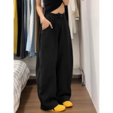 批发网红同款黑色阔腿弯刀拖地牛仔<b class='q'>裤</b>女春秋美式廓形高腰显瘦直筒<b class='q'>裤</b>子