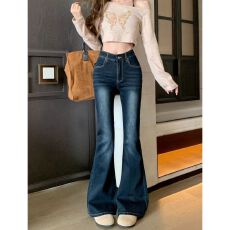 批发韩国东大门女装 水洗蓝马蹄拖地<b class='q'>裤</b>女秋季高腰<b class='q'>修身</b>微喇叭牛仔女<b class='q'>裤</b>
