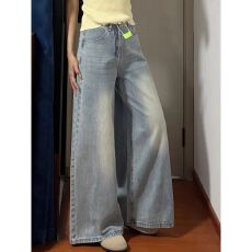 批发跨境复古水洗阔腿拖地牛仔裤女 2026 秋美式高街宽松直筒百搭<b class='q'>女裤</b>