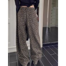 批发网红同款春秋百搭直筒拖地<b class='q'>裤</b>女复古豹纹高腰阔腿辣妹休闲牛仔女<b class='q'>裤</b>