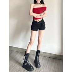 批发韩国东大门<b class='q'>女</b>装 A字<b class='q'>黑色</b>卷边牛仔短裤<b class='q'>女</b>夏配腰带辣妹紧身阔腿热裤