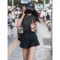 批发直播 夏季深牛仔蓝<b class='q'>高腰</b>工装<b class='q'>短裤</b>女2026新款撞色明线设计感牛仔裤