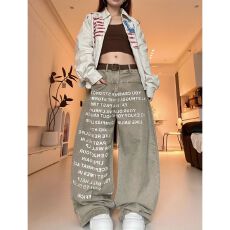 批发<b class='q'>韩国</b>单复古字母弯刀<b class='q'>牛仔裤</b>女美式卡其色宽松直筒阔腿显瘦休闲长裤