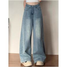 批发<b class='q'>韩国</b>东大门女装新款蓝色直筒阔腿<b class='q'>牛仔裤</b>女高腰秋季显瘦拖地长裤潮