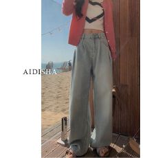 批发日系 褶皱宽松阔腿<b class='q'>牛仔裤</b>女 2025 夏季<b class='q'>浅色</b>薄款直筒显瘦拖地长裤