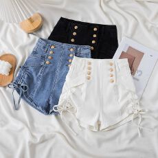 批发抖音爆款辣妹牛仔热裤女夏季双排扣抽绳系带小个子大长腿阔腿<b class='q'>短裤</b>