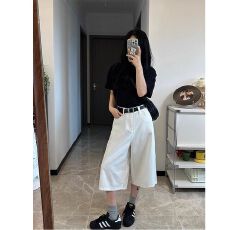 批发得物高品质2026夏直筒白色七分<b class='q'>裤</b>女高腰阔<b class='q'>腿</b>显瘦百搭休闲牛仔中<b class='q'>裤</b>