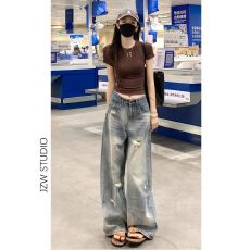 批发韩国东大门女装高腰拖地<b class='q'>裤</b>女夏季新款美式复古破洞显瘦阔腿牛仔<b class='q'>裤</b>