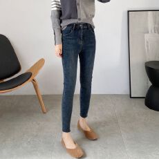 批发日本单 蓝灰色毛边九分小脚裤<b class='q'>女</b>2026春季新款弹力修身铅笔牛仔裤