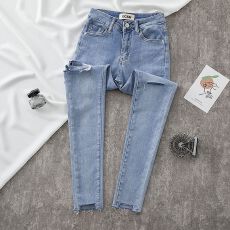 批发日本单破洞毛边九分铅笔裤<b class='q'>女</b>2026秋季浅色弹力修身<b class='q'>小脚牛仔裤</b>新款