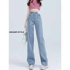 批发跨境夏日刚需浅色天丝牛仔高腰版型冰丝垂感显瘦窄版阔腿直筒女<b class='q'>裤</b>