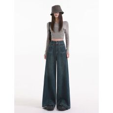 批发南油高品质春季加长百搭阔腿女<b class='q'>裤</b>复古蓝牛仔高个子梨型身材显瘦款