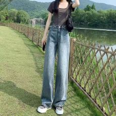 批发韩国东大门女装复古蓝九分阔腿裤2026秋<b class='q'>新款</b>高腰牛仔调节扣拖地裤