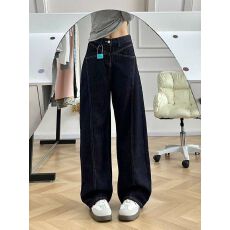 批发日系不掉色活性染色工艺弯刀阔腿牛仔裤<b class='q'>高腰</b>垂感显瘦直筒拖地裤女