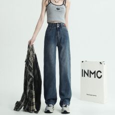 批发网红同款春秋大码百搭裤复古蓝牛仔配色双扣高腰显瘦学生党阔腿裤