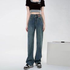 批发网红同款2026春季刚需拖地<b class='q'>牛仔裤</b>复古蓝经典水洗高腰强遮胯阔腿裤