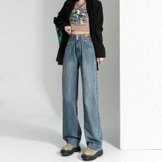 批发跨境2026新款高腰阔腿牛仔神裤春秋显瘦显高垂感顺滑直筒拖地女裤