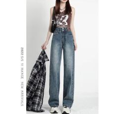 批发韩国东大门女装 复古做旧牛仔春秋高腰版型修身显瘦拖地阔腿女裤